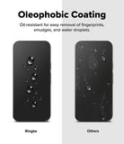Google Pixel 11 Pro / 11 Screen Protector | Easy Slide Tempered Glass (2 Pack) - Comparison graphic showing two black smartphone screens with water droplets and oil-like smudges. The left phone is labeled 'Ringke' and appears to have a coated, water-repellent surface.