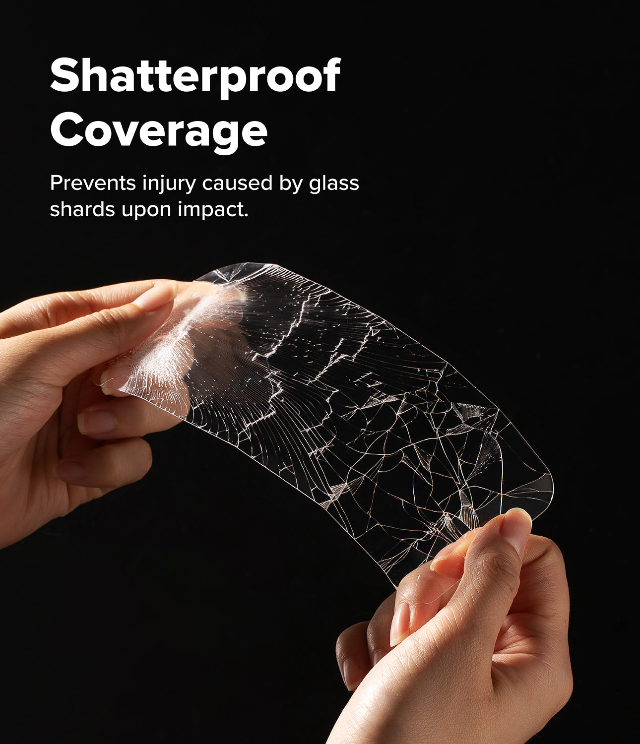 Google Pixel 11 Pro / 11 Screen Protector | Easy Slide Tempered Glass (2 Pack) - Hands holding a transparent shatterproof cover with a cracked glass effect on a black background.