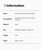 Google Pixel 11 Pro / 11 Screen Protector | Easy Slide Tempered Glass (2 Pack) - A white information card with black text detailing the specifications of a Ringke Easy Slide Tempered Glass screen protector, including compatibility with Google Pixel 11 & Pro, material, size, weight, and origin.