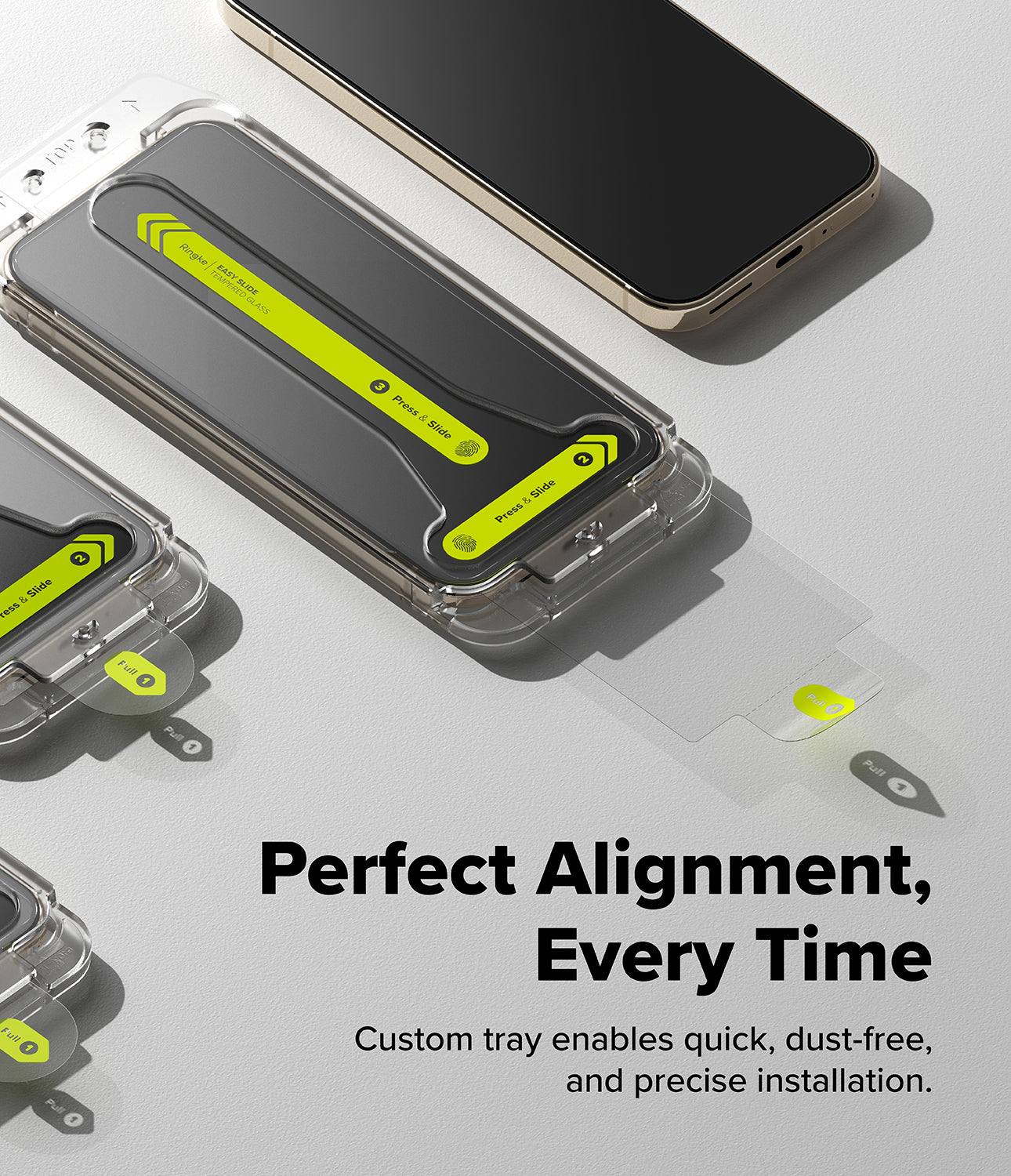 Google Pixel 11 Pro / 11 Screen Protector | Easy Slide Tempered Glass (2 Pack) - Transparent phone screen protector case shown installed on a smartphone, with a separate clear protector piece and adhesive elements visible. The image includes marketing text reading 'Perfect Alignment, Every Time' and 'Custom tray enables quick, dust-free, and precise installation.