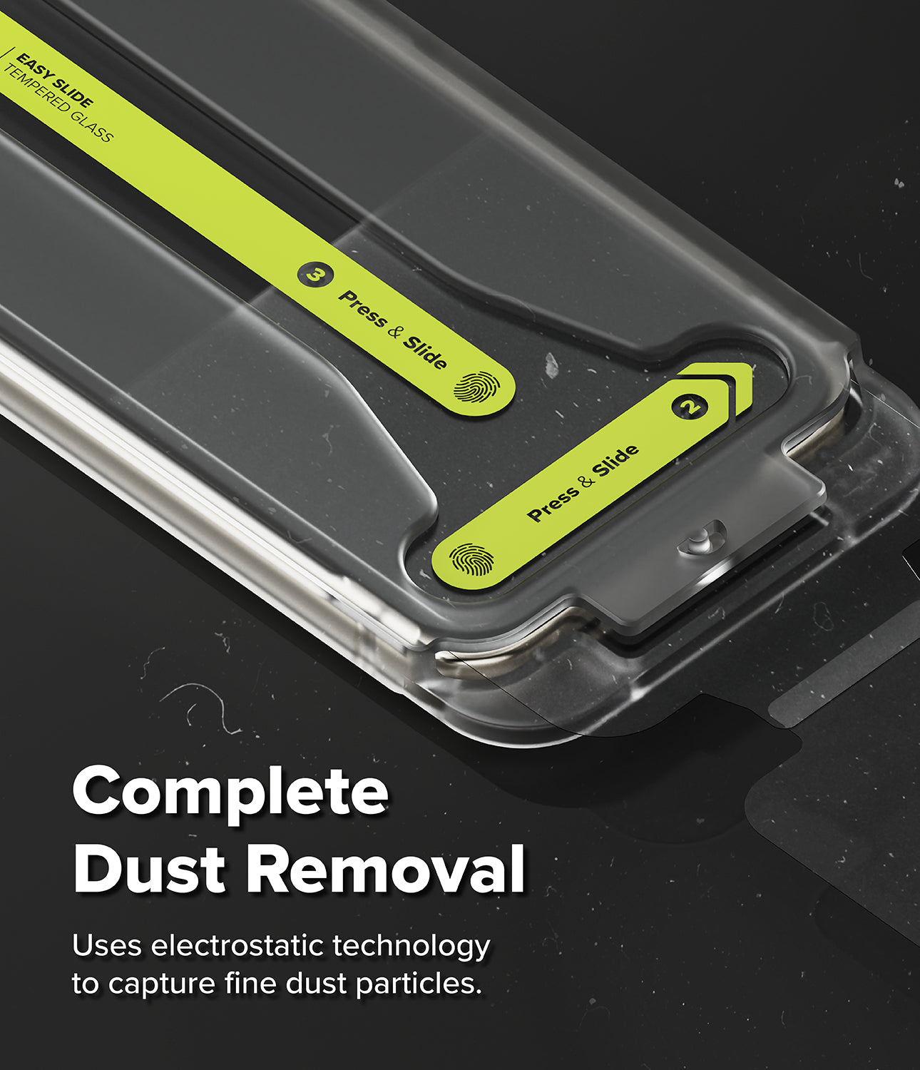 Google Pixel 11 Pro / 11 Screen Protector | Easy Slide Tempered Glass (2 Pack) - Close-up of a transparent protective phone case with bright yellow-green instructional labels showing how to slide off the case. Large text at the bottom reads 'Complete Dust Removal' with smaller descriptive copy about electrostatic technology.