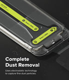 Google Pixel 11 Pro / 11 Screen Protector | Easy Slide Tempered Glass (2 Pack) - Close-up of a transparent protective phone case with bright yellow-green instructional labels showing how to slide off the case. Large text at the bottom reads 'Complete Dust Removal' with smaller descriptive copy about electrostatic technology.