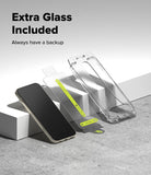 Google Pixel 11 Pro / 11 Screen Protector | Easy Slide Tempered Glass (2 Pack) - A clear phone case and two extra glass screen protectors are displayed on white blocks next to a black smartphone, with the text 'Extra Glass Included' and 'Always have a backup' in the upper left.