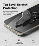 Google Pixel 11 Pro / 11 Screen Protector | Easy Slide Tempered Glass (2 Pack) - A smartphone with a clear tempered glass screen protector shown at an angle on a light gray surface, with a metal key resting on the screen to demonstrate scratch resistance. Large text reads 'Top-Level Scratch Protection' and smaller text explains the 9H hardness layer.
