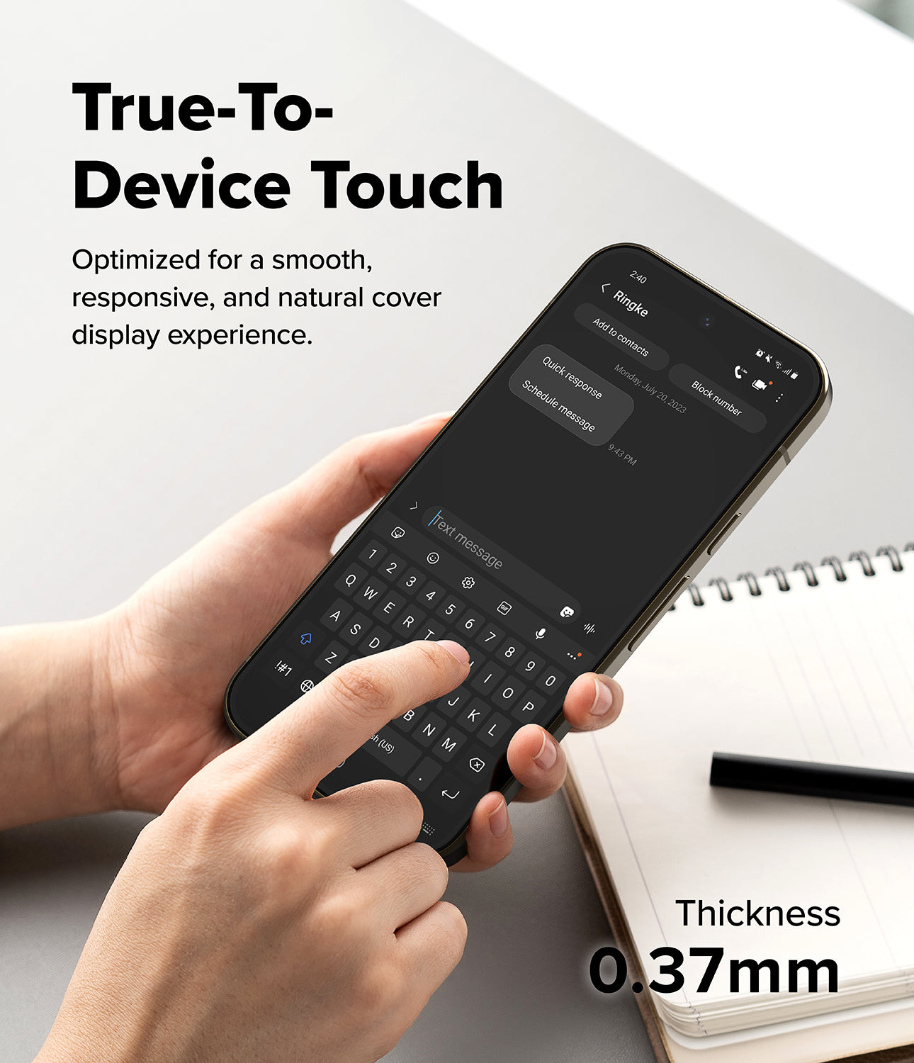 Google Pixel 11 Pro / 11 Screen Protector | Easy Slide Tempered Glass (2 Pack) - A person holds a smartphone with a black protective keyboard cover, demonstrating its slim profile and touch sensitivity. The image includes text overlays reading 'True-To-Device Touch' and 'Thickness 0.37mm