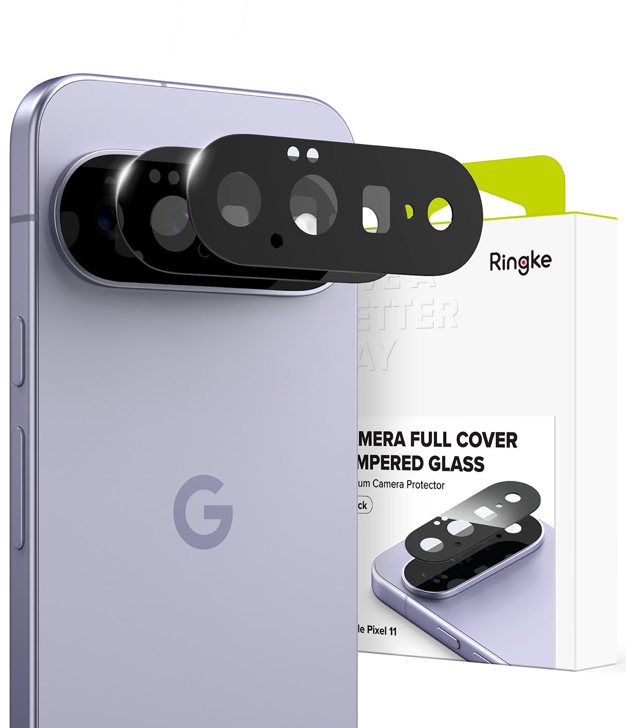 Google Pixel 11 Camera Protector | Camera Full Cover Tempered Glass (2 Pack) - Three black Ringke camera full cover tempered glass protectors shown attached to a light lavender smartphone, with the product packaging box visible behind it on a white background.