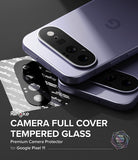 Google Pixel 11 Camera Protector | Camera Full Cover Tempered Glass (2 Pack) - Ringke camera full cover tempered glass protector shown applied to the camera module of a purple Google Pixel 11 smartphone, with the phone resting on a dark surface and a separate sheet of the protector visible beside it.