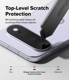 Google Pixel 11 Camera Protector | Camera Full Cover Tempered Glass (2 Pack) - Close-up of a smartphone camera lens area with a dark scratch-protection cover applied, under the headline 'Top-Level Scratch Protection' and a small hardness comparison scale at the bottom.