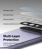Google Pixel 11 Camera Protector | Camera Full Cover Tempered Glass (2 Pack) - A close-up promotional graphic showing layered smartphone camera protector films applied to a light purple phone. Text labels identify the layers: oleophobic coating, 9H tempered glass, shatterproof AB film, and anti-light leak silk screen print.