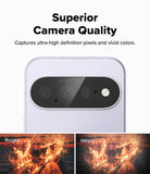 Google Pixel 11 Camera Protector | Camera Full Cover Tempered Glass (2 Pack) - A promotional graphic for a phone camera feature, showing a close-up of a phone back with a large black camera module and text reading 'Superior Camera Quality' and 'Captures ultra-high definition pixels and vivid colors.' Two small comparison thumbnails at the bottom show fire imagery labeled 'Ringke' and 'Others.