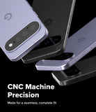 Google Pixel 11 Camera Protector | Camera Full Cover Tempered Glass (2 Pack) - Three smartphones shown at an angle on a black background, with one lavender phone in the foreground and two darker phones behind it. White text at the bottom reads 'CNC Machine Precision' and 'Made for a seamless, complete fit.