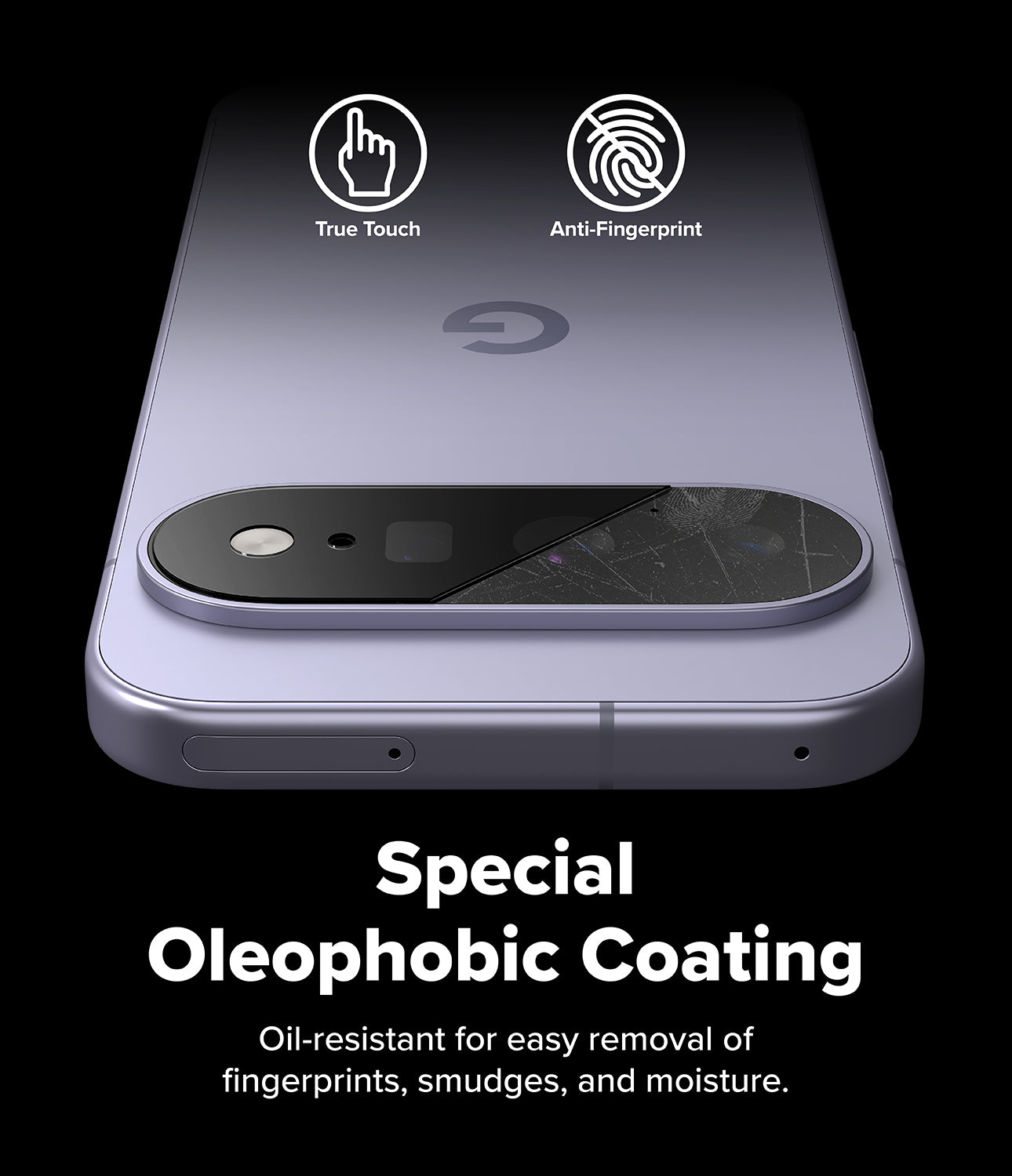 Google Pixel 11 Camera Protector | Camera Full Cover Tempered Glass (2 Pack) - A close-up of the back of a smartphone with a large camera cutout, shown on a black background with marketing text and icons for true touch and anti-fingerprint oleophobic coating.