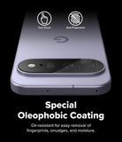 Google Pixel 11 Camera Protector | Camera Full Cover Tempered Glass (2 Pack) - A close-up of the back of a smartphone with a large camera cutout, shown on a black background with marketing text and icons for true touch and anti-fingerprint oleophobic coating.