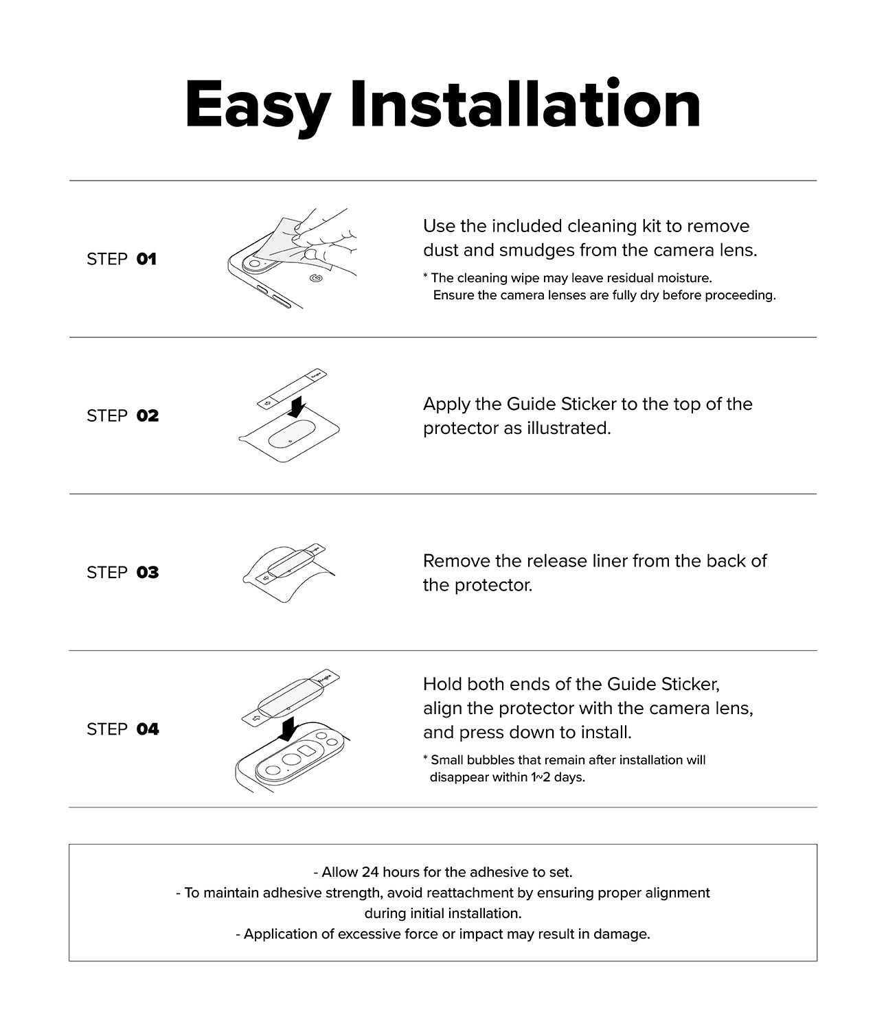 Google Pixel 11 Camera Protector | Camera Full Cover Tempered Glass (2 Pack) - Step-by-step guide for easy installation of a camera lens protector with illustrations and text.