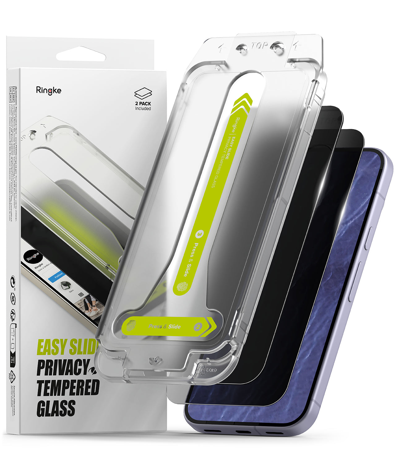 Google Pixel 11 Screen Protector | Easy Slide Privacy Tempered Glass (2 Pack) - Ringke easy slide privacy tempered glass screen protectors shown in a 2-pack, with two clear protectors and two smartphone back views (one black, one purple) to demonstrate application.
