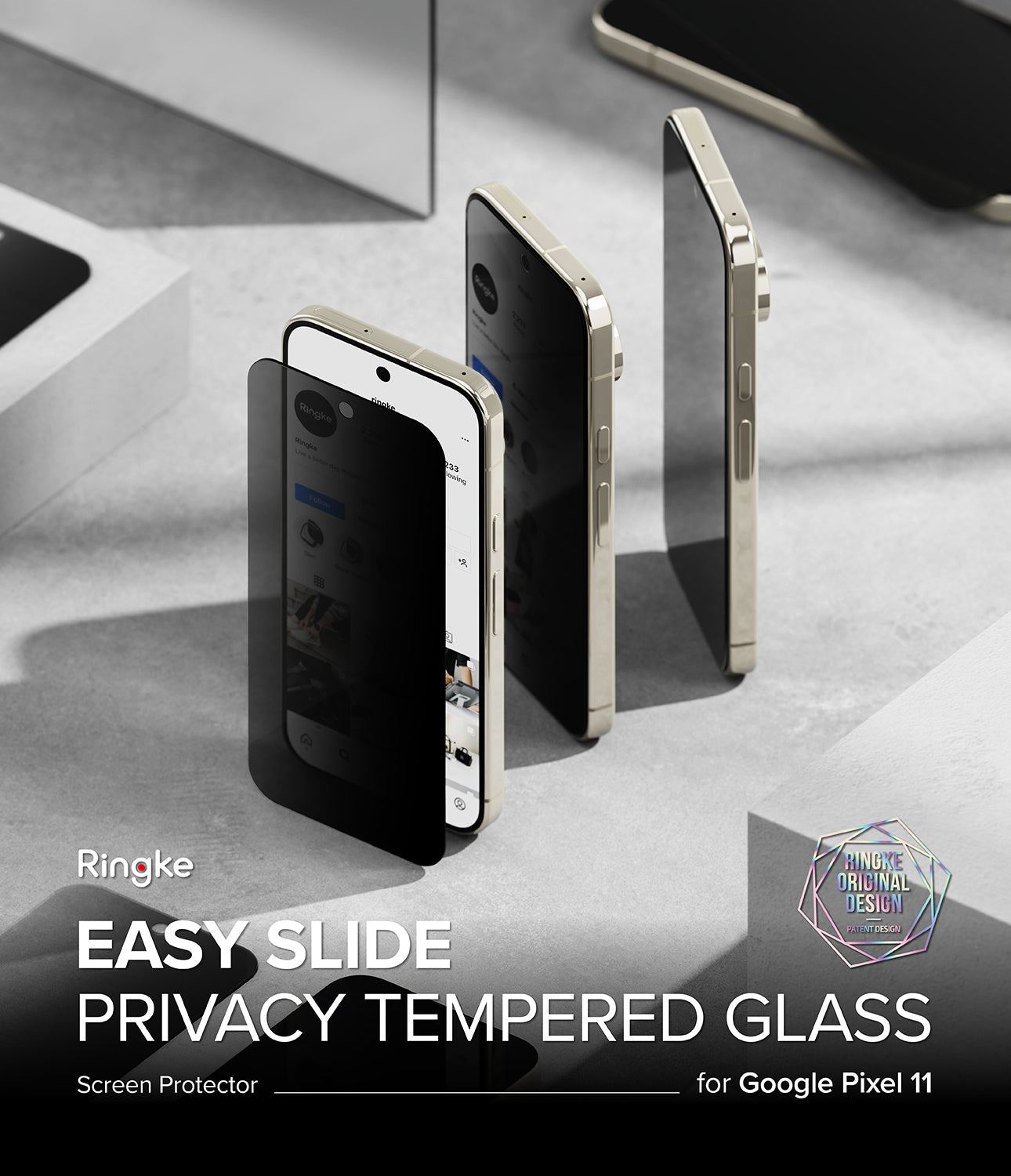 Google Pixel 11 Screen Protector | Easy Slide Privacy Tempered Glass (2 Pack) - Ringke Easy Slide Privacy Tempered Glass screen protector shown on three smartphone mockups, demonstrating the slide-on design, on a gray geometric background with text overlays.