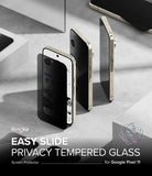 Google Pixel 11 Screen Protector | Easy Slide Privacy Tempered Glass (2 Pack) - Ringke Easy Slide Privacy Tempered Glass screen protector shown on three smartphone mockups, demonstrating the slide-on design, on a gray geometric background with text overlays.