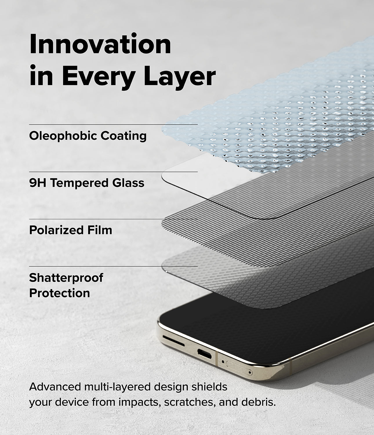 Google Pixel 11 Screen Protector | Easy Slide Privacy Tempered Glass (2 Pack) - A smartphone layered diagram with text labels reading 'Oleophobic Coating,' '9H Tempered Glass,' 'Polarized Film,' and 'Shatterproof Protection,' under the headline 'Innovation in Every Layer.'.