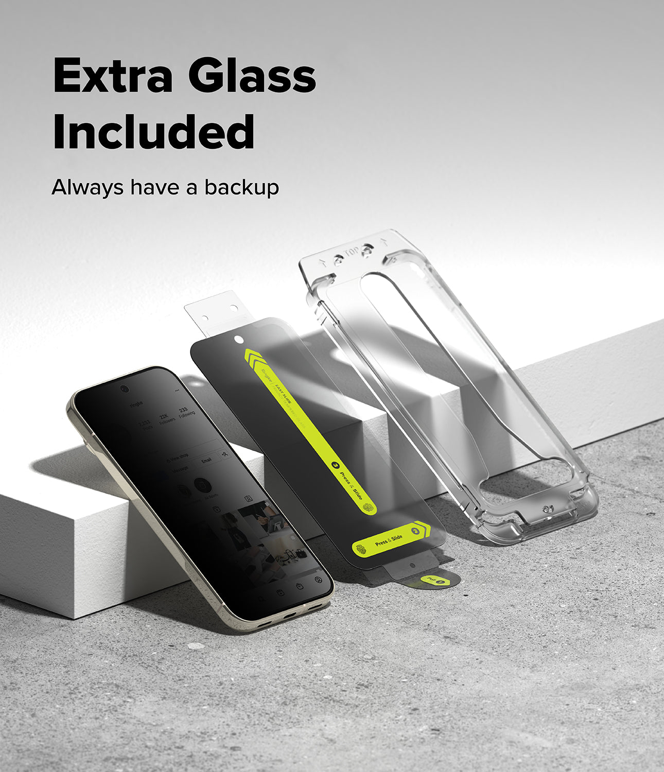 Google Pixel 11 Screen Protector | Easy Slide Privacy Tempered Glass (2 Pack) - A clear phone case and a black screen protector are shown with a smartphone on a light gray surface, with text reading 'Extra Glass Included' and 'Always have a backup'.