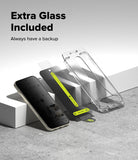 Google Pixel 11 Screen Protector | Easy Slide Privacy Tempered Glass (2 Pack) - A clear phone case and a black screen protector are shown with a smartphone on a light gray surface, with text reading 'Extra Glass Included' and 'Always have a backup'.