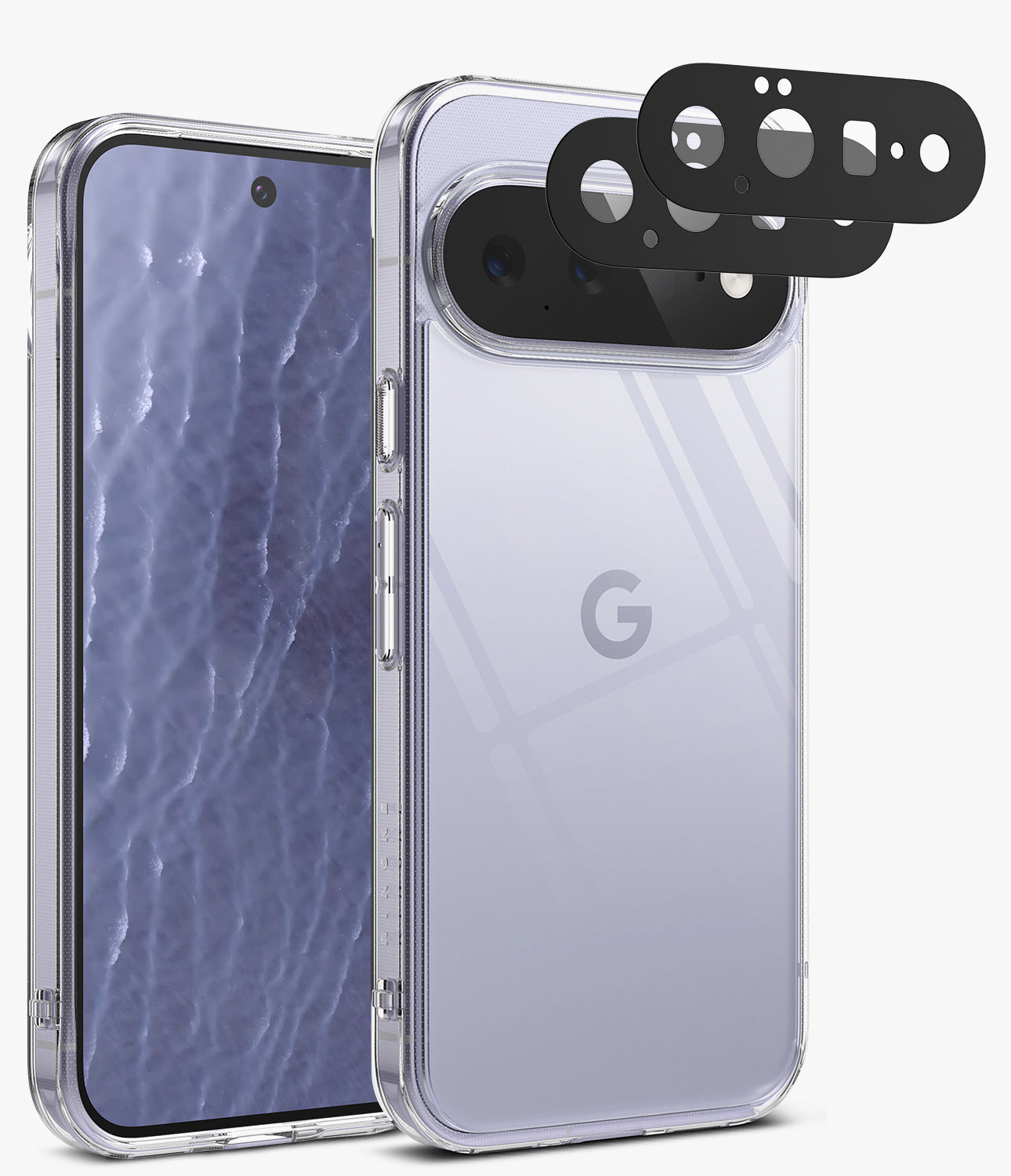 [Bundle] Google Pixel 11 Pro XL | Fusion + Camera Protectors - A clear protective phone case shown on a smartphone, with the back view of the phone visible through the transparent case. Two black camera lens protectors are floating above the rear camera area.