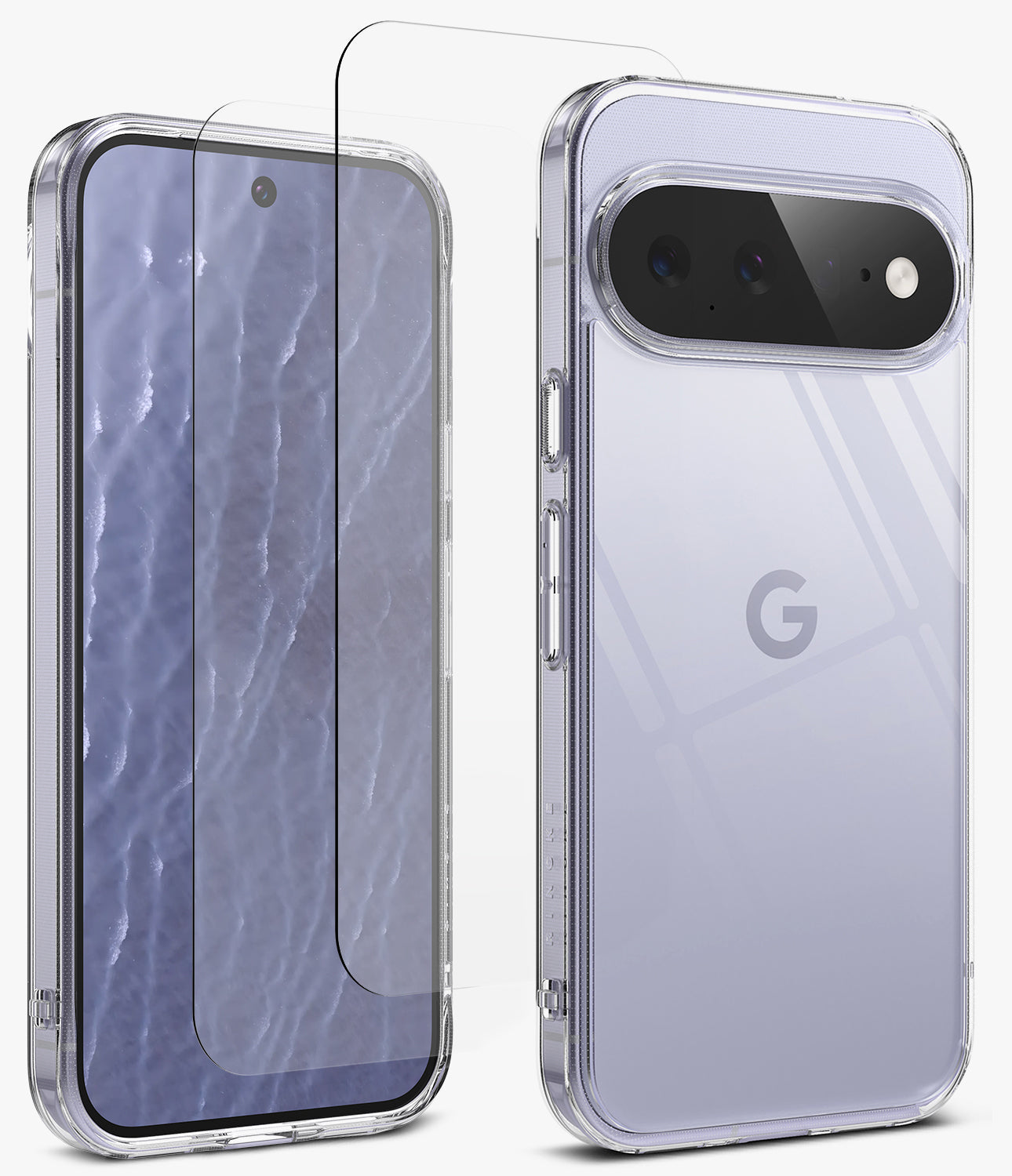 [Bundle] Google Pixel 11 | Fusion + Screen Protectors - A clear protective phone case shown on a light lavender smartphone, with a matching clear screen protector displayed in front of the phone from both front and back angles on a clean white background.