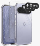 [Bundle] Google Pixel 11 | Fusion + Screen & Camera Protectors - Clear protective phone case with a light purple phone inside, shown alongside two black camera lens protectors and a matching clear screen protector on a white background.
