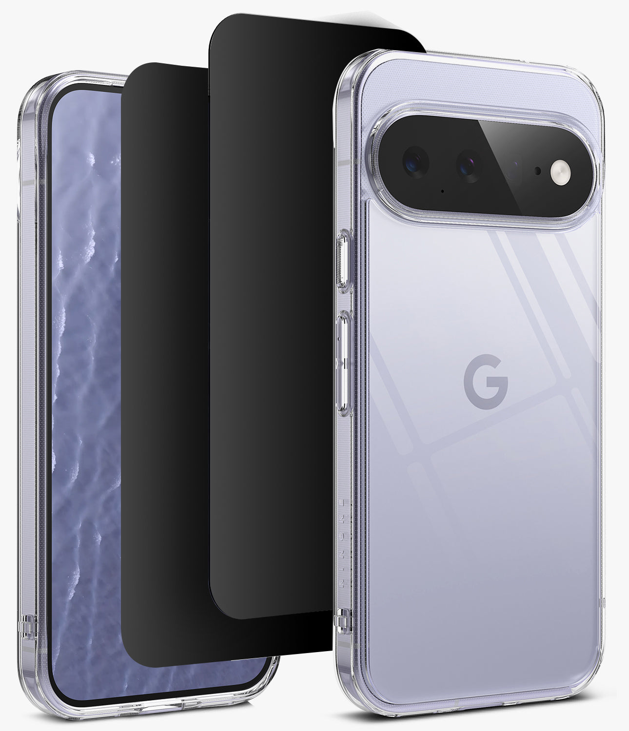 [Bundle] Google Pixel 11 | Fusion +360° Privacy Protectors - A clear protective phone case shown on a smartphone, alongside two black screen protector sheets, on a clean white background.