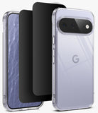 [Bundle] Google Pixel 11 | Fusion +360° Privacy Protectors - A clear protective phone case shown on a smartphone, alongside two black screen protector sheets, on a clean white background.