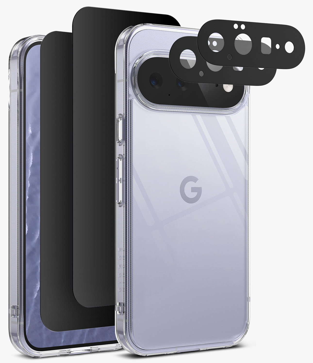 [Bundle] Google Pixel 11 | Fusion + 360° Privacy & Camera Protectors - A clear protective phone case shown on a smartphone, with three black camera lens protectors floating in front of the rear camera area. The phone has a pale lavender back panel and a visible Google 'G' logo, photographed on a clean white background.
