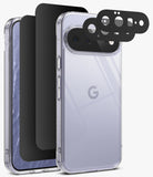 [Bundle] Google Pixel 11 | Fusion + 360° Privacy & Camera Protectors - A clear protective phone case shown on a smartphone, with three black camera lens protectors floating in front of the rear camera area. The phone has a pale lavender back panel and a visible Google 'G' logo, photographed on a clean white background.