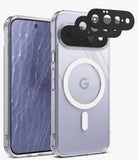 [Bundle] Google Pixel 11 | Fusion Magnetic + Camera Protectors - A clear protective phone case shown on a smartphone, with a white MagSafe-style ring and a white vertical bar on the back. Two black camera lens protectors are floating above the phone.