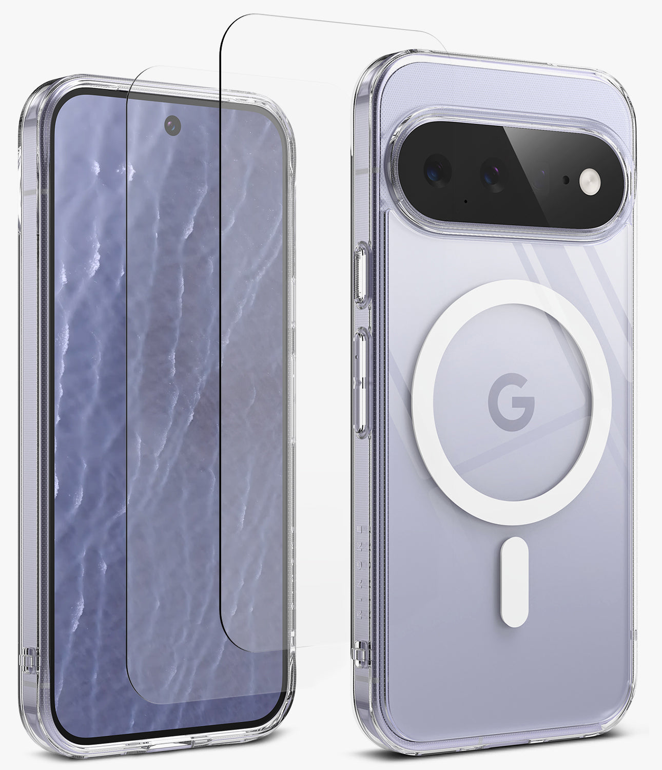 [Bundle] Google Pixel 11 Pro XL | Fusion Magnetic + Screen Protectors - A clear protective phone case shown on a smartphone from both front and back angles, with a matching transparent screen protector displayed over the front and a white MagSafe-style ring on the back. The phone body appears light lavender.