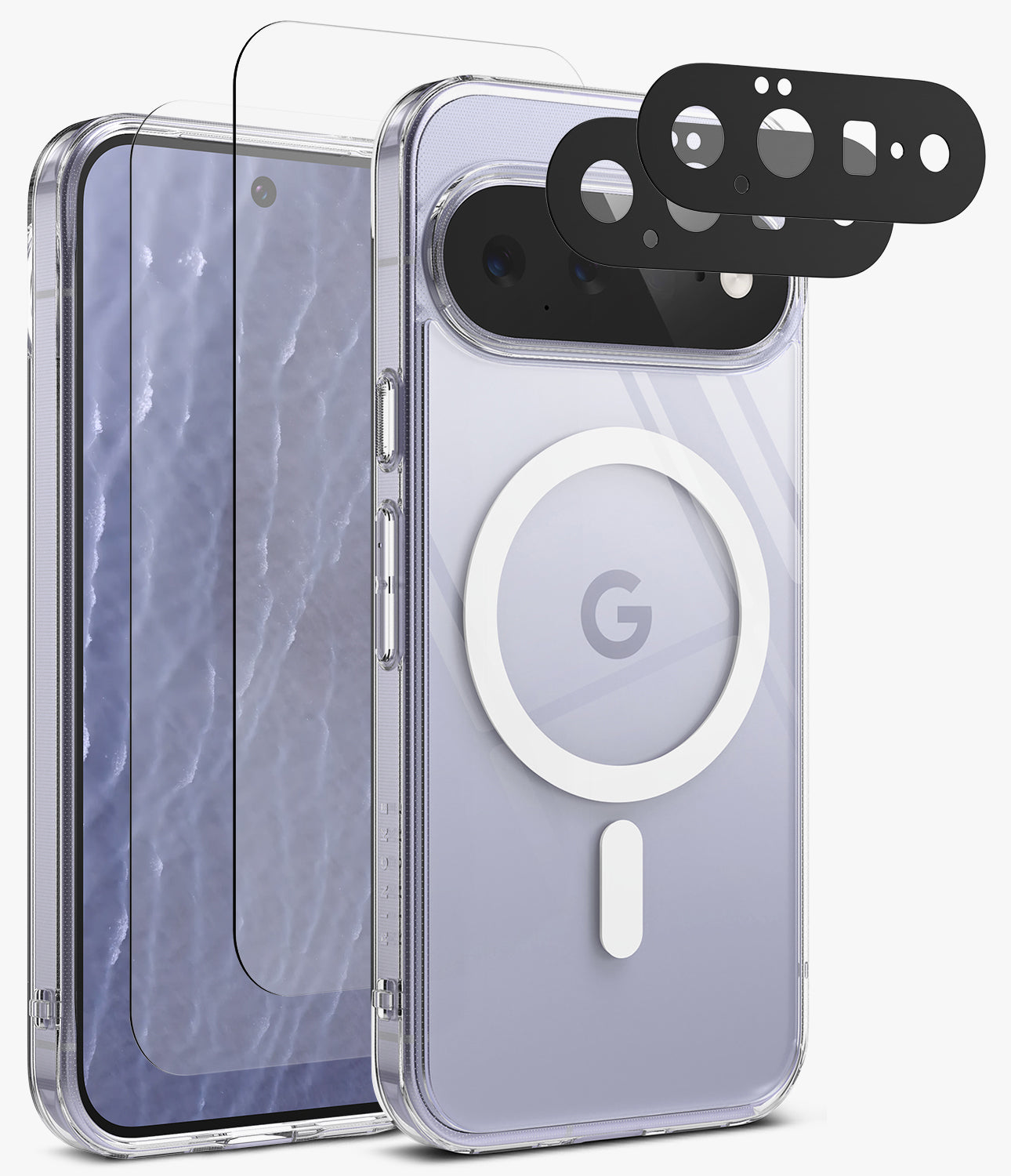 [Bundle] Google Pixel 11 | Fusion Magnetic + Screen & Camera Protectors - Clear protective phone case with MagSafe compatibility, shown on a light purple smartphone. The image includes two clear screen protectors and two black camera lens protectors floating behind the phone, all on a clean white background.