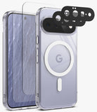 [Bundle] Google Pixel 11 | Fusion Magnetic + Screen & Camera Protectors - Clear protective phone case with MagSafe compatibility, shown on a light purple smartphone. The image includes two clear screen protectors and two black camera lens protectors floating behind the phone, all on a clean white background.