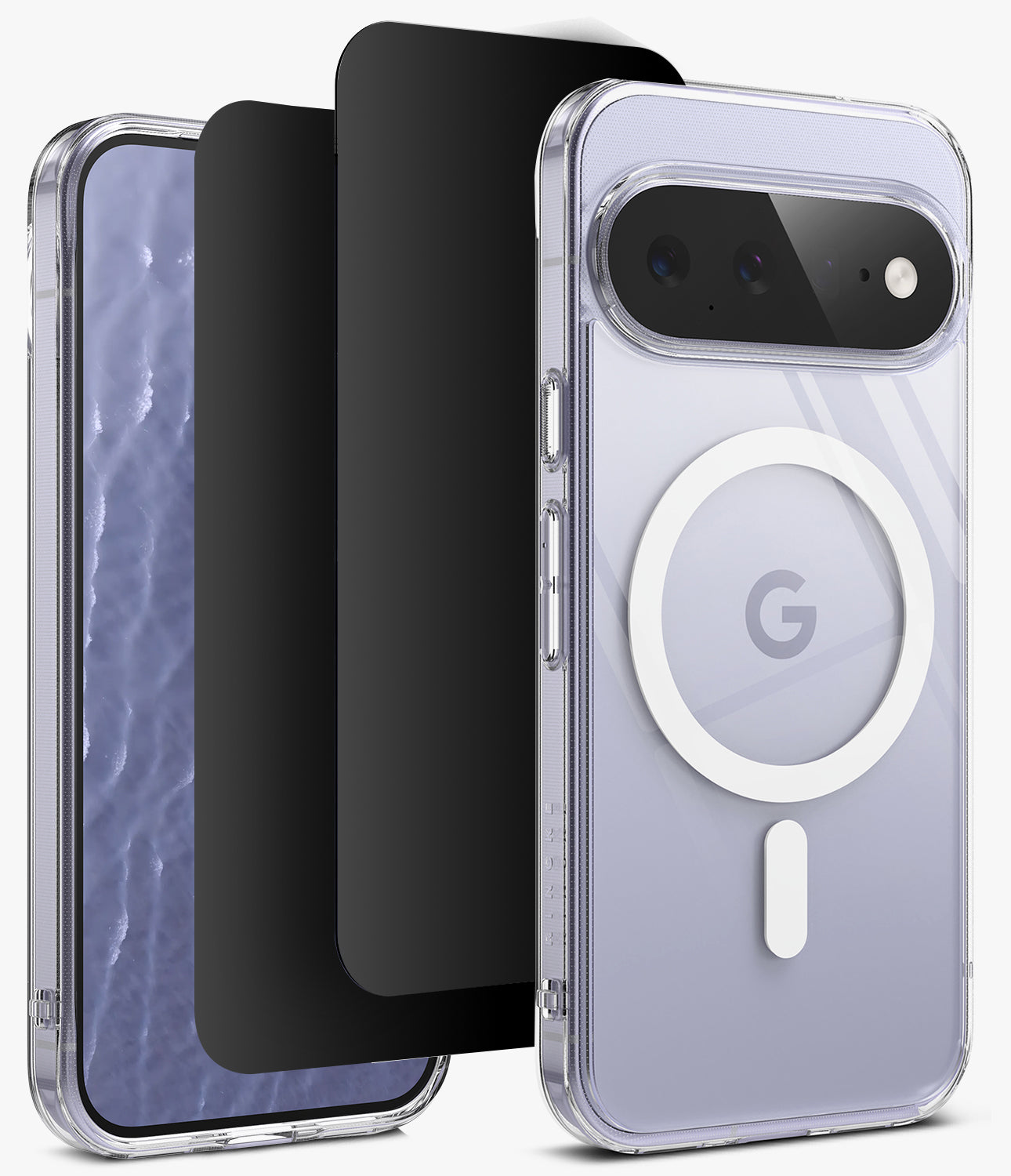[Bundle] Google Pixel 11 | Fusion Magnetic + 360° Privacy Protectors - A clear protective phone case with a white MagSafe ring is shown on a smartphone, alongside two black screen protectors, all presented on a clean white background.