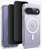 [Bundle] Google Pixel 11 | Fusion Magnetic + 360° Privacy Protectors - A clear protective phone case with a white MagSafe ring is shown on a smartphone, alongside two black screen protectors, all presented on a clean white background.