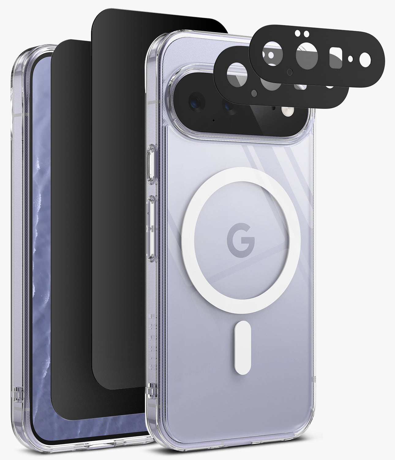 [Bundle] Google Pixel 11 | Fusion Magnetic + 360° Privacy & Camera Protectors - A clear protective phone case with a white MagSafe ring on the back, shown alongside three black camera lens protectors and a black screen protector on a light gray background.