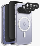 [Bundle] Google Pixel 11 | Fusion Magnetic + 360° Privacy & Camera Protectors - A clear protective phone case with a white MagSafe ring on the back, shown alongside three black camera lens protectors and a black screen protector on a light gray background.