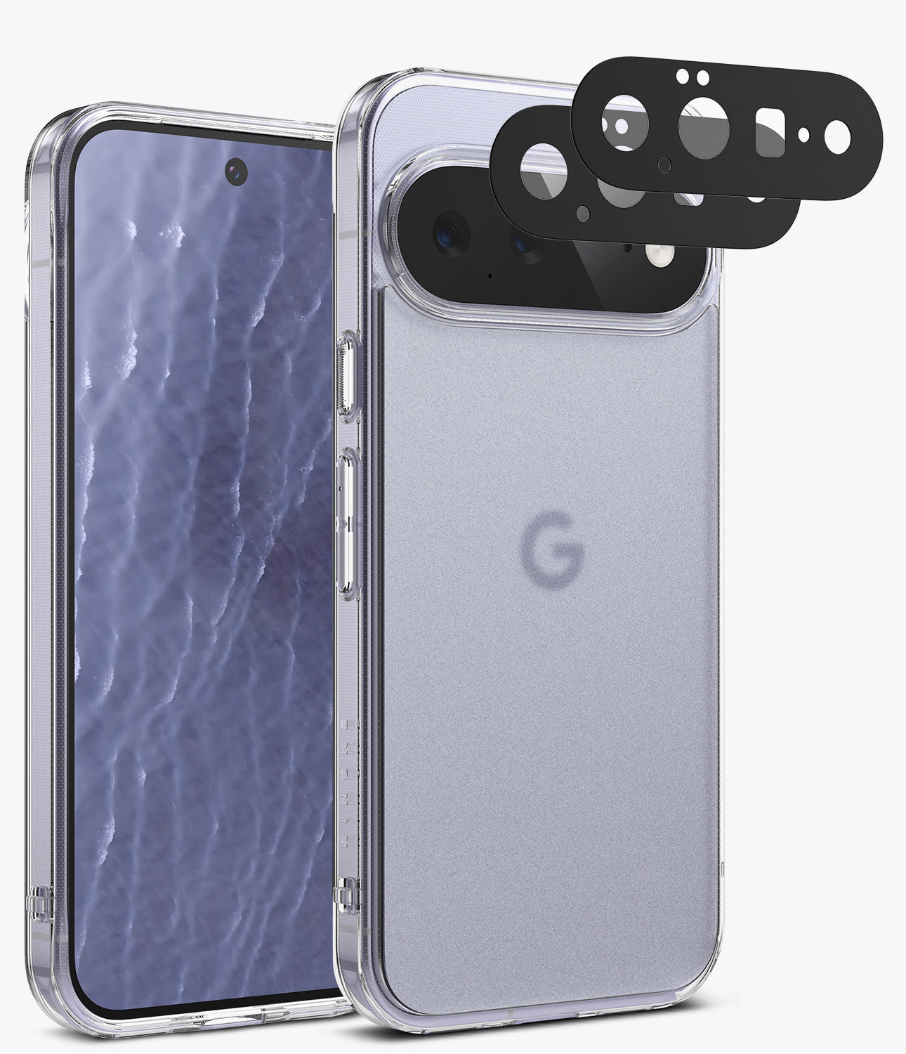 [Bundle] Google Pixel 11 Pro XL | Fusion Matte + Camera Protectors - A clear protective phone case shown on a smartphone, with the back view of the phone visible and three black camera lens protectors floating above the rear camera area. The phone has a light lavender-purple back panel with a faint Google 'G' logo visible.