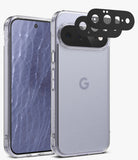 [Bundle] Google Pixel 11 Pro XL | Fusion Matte + Camera Protectors - A clear protective phone case shown on a smartphone, with the back view of the phone visible and three black camera lens protectors floating above the rear camera area. The phone has a light lavender-purple back panel with a faint Google 'G' logo visible.