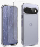 [Bundle] Google Pixel 11 Pro XL | Fusion Matte + Screen Protectors - A clear protective phone case shown on a smartphone from both the front and back angles, alongside a matching clear screen protector, on a clean white background.