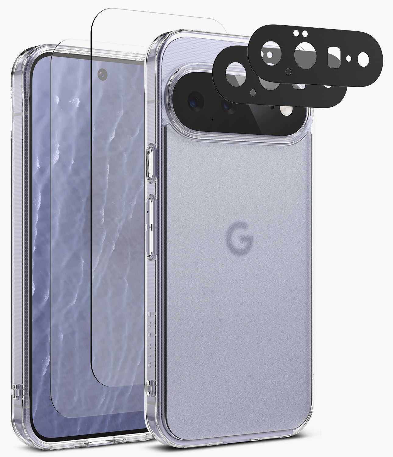[Bundle] Google Pixel 11 | Fusion Matte + Screen & Camera Protectors - Clear protective phone case with a raised camera bumper and three black camera lens protectors, shown on a light gray background alongside a smartphone.
