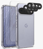 [Bundle] Google Pixel 11 | Fusion Matte + Screen & Camera Protectors - Clear protective phone case with a raised camera bumper and three black camera lens protectors, shown on a light gray background alongside a smartphone.