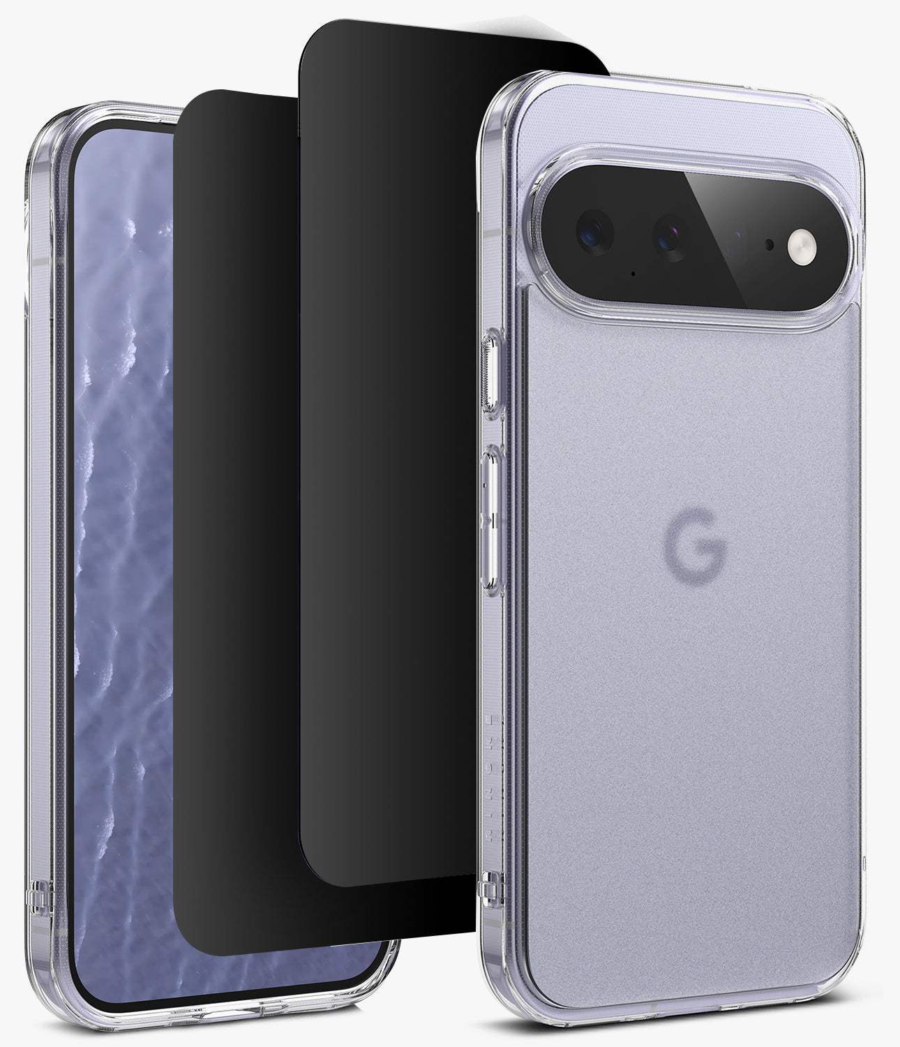 [Bundle] Google Pixel 11 | Fusion Matte + 360° Privacy Protectors - A clear protective phone case shown on a smartphone, alongside two black screen protectors, displayed against a clean white background.