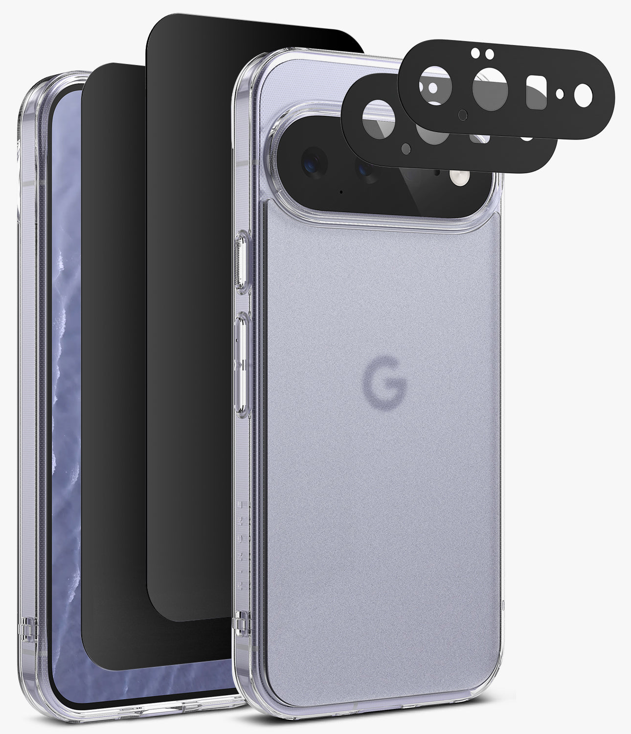 [Bundle] Google Pixel 11 | Fusion Matte + 360° Privacy & Camera Protectors - A clear protective phone case with a silver-gray Google Pixel phone inside, shown alongside three black camera lens protector stickers on a light gray background.