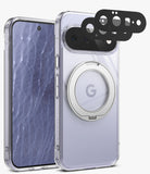 [Bundle] Google Pixel 11 | Fusion Ring + Camera Protectors - A clear protective phone case with a built-in circular magnetic ring on the back, shown alongside a smartphone and three black camera lens protectors on a light gray background.