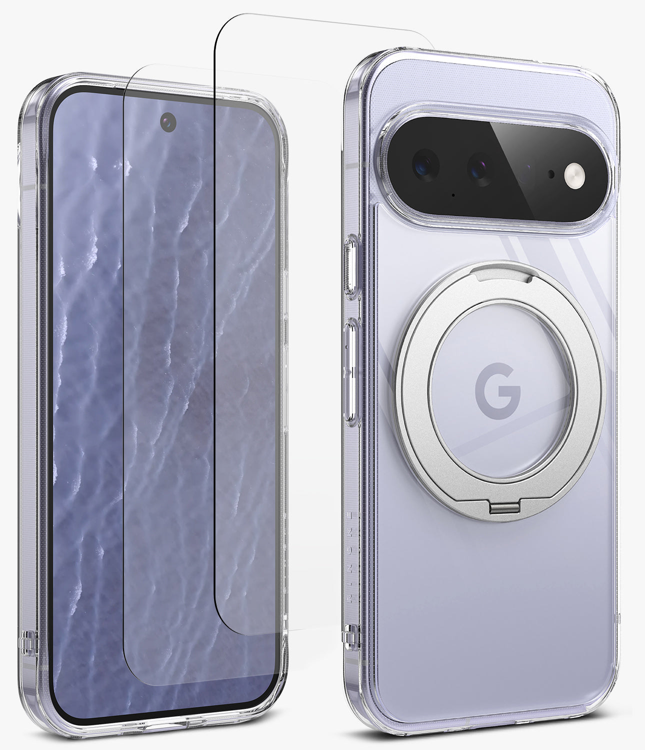 [Bundle] Google Pixel 11 | Fusion Ring + Screen Protectors - A clear protective phone case with a built-in circular MagSafe-compatible ring on the back, shown alongside a matching clear screen protector on a light gray background.