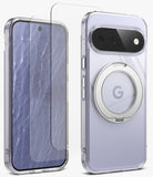[Bundle] Google Pixel 11 | Fusion Ring + Screen Protectors - A clear protective phone case with a built-in circular MagSafe-compatible ring on the back, shown alongside a matching clear screen protector on a light gray background.