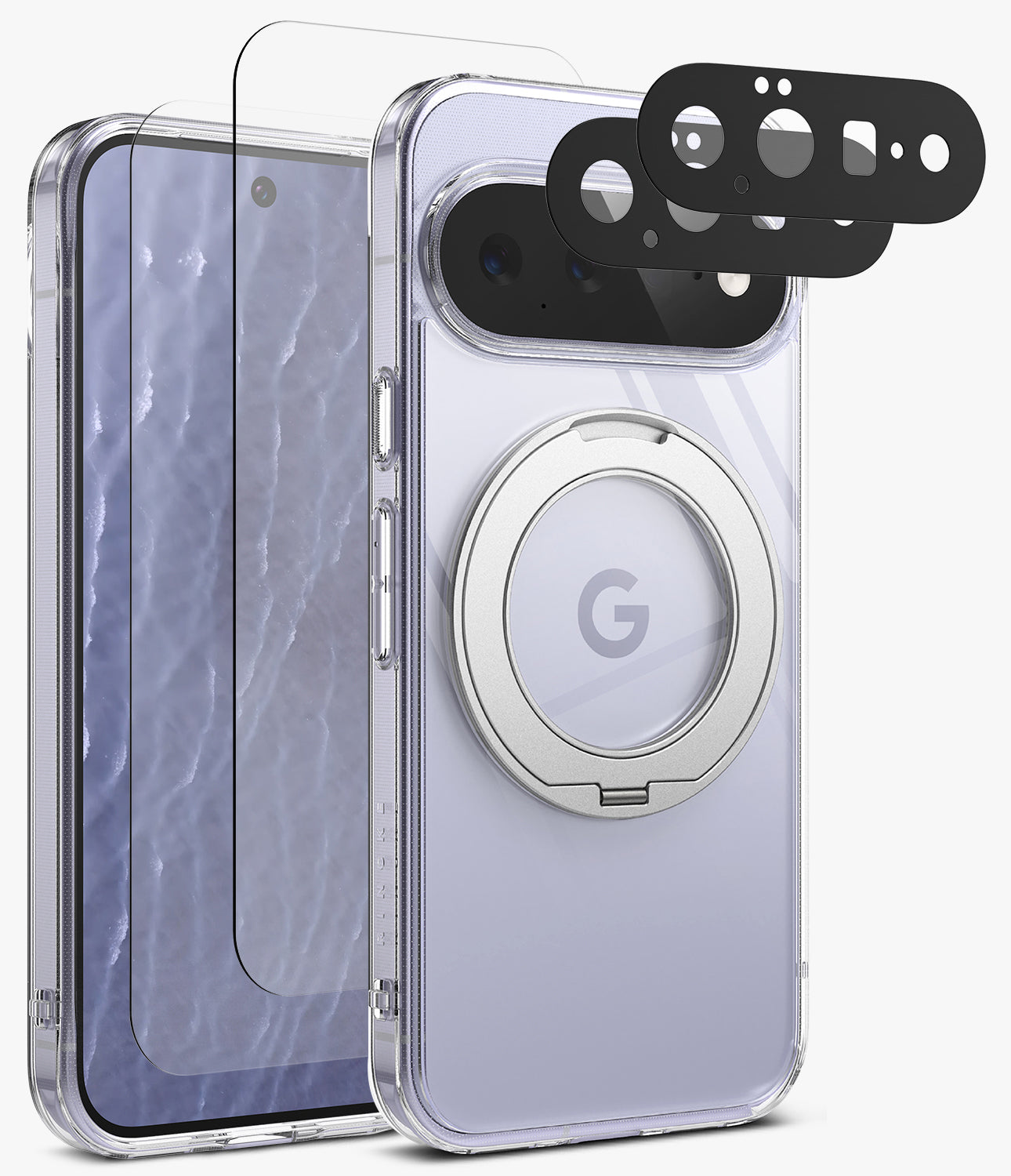 [Bundle] Google Pixel 11 | Fusion Ring + Screen & Camera Protectors - A clear protective phone case with a built-in circular MagSafe ring, shown alongside a matching clear screen protector and three black camera lens protectors, displayed on a light gray background.